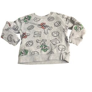 Super Mario Sweatshirt Kids Gray All Over Print Nintendo Fleece SIZE 4T‎